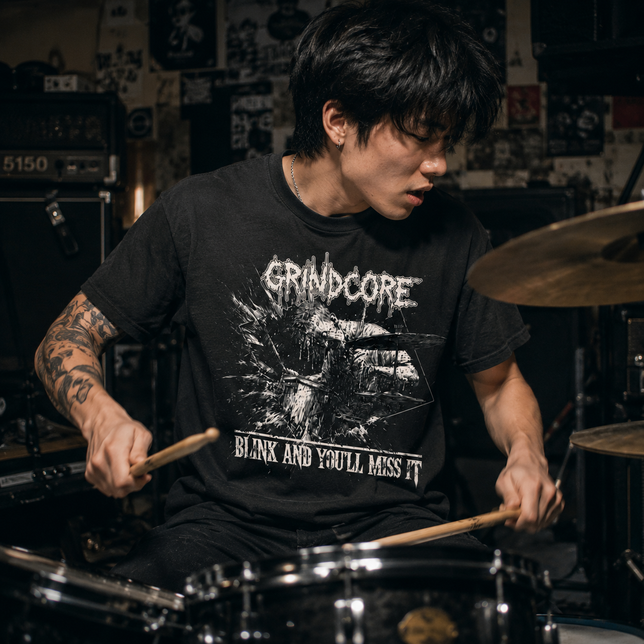 shirt mockup for Grindcore - Blink and You'll Miss It