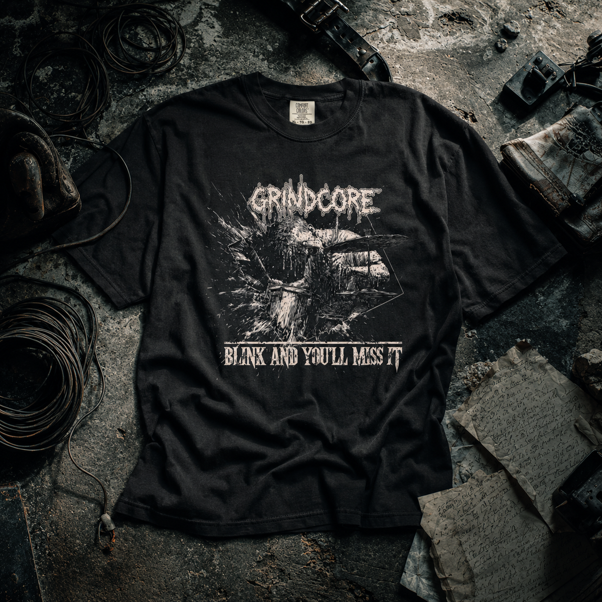 Black product mockup for Grindcore - Blink and You'll Miss It