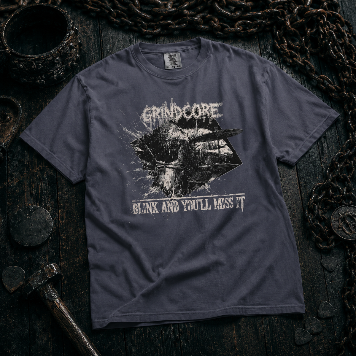 Navy shirt mockup for Grindcore - Blink and You'll Miss It