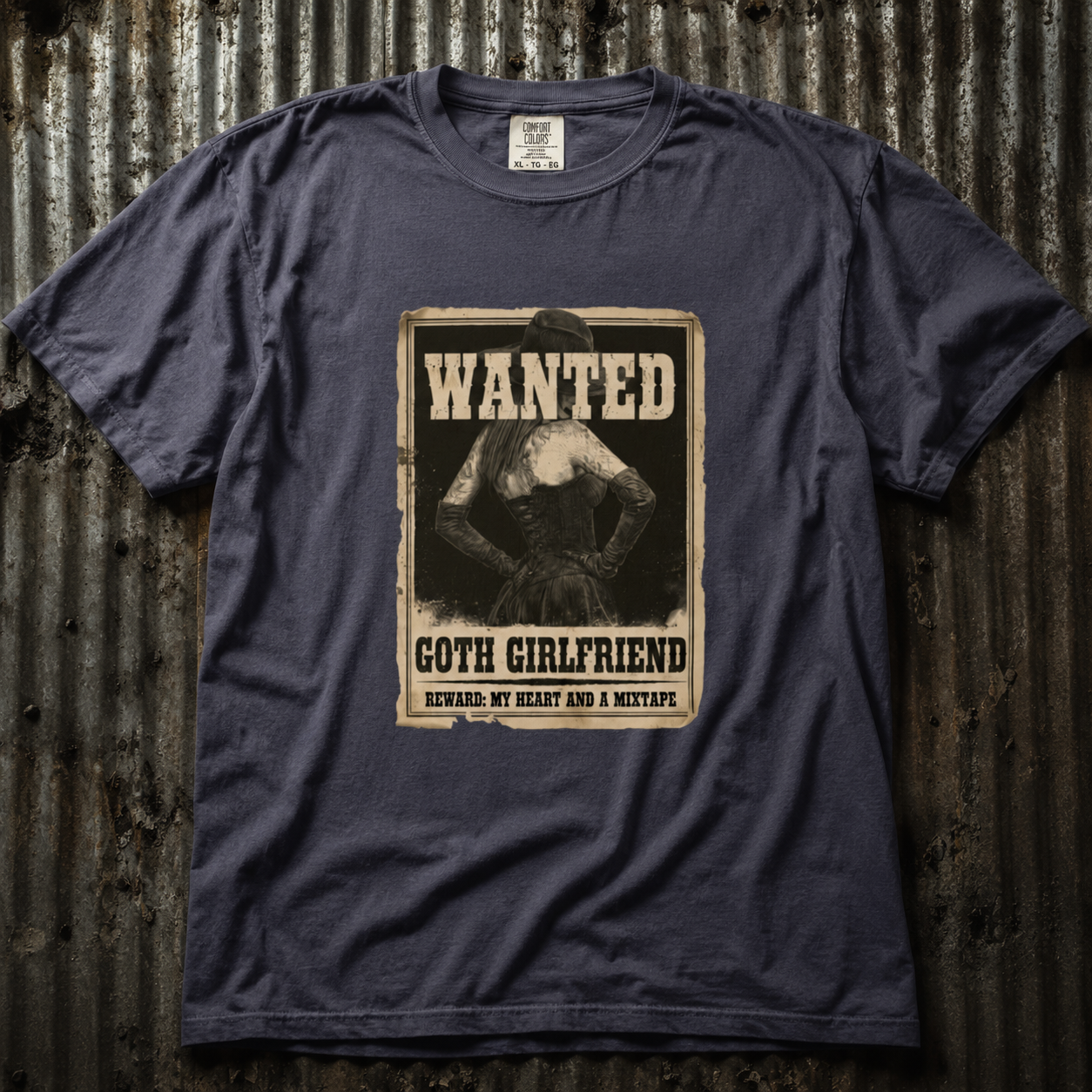 Navy shirt mockup for Wanted: Goth Girlfriend