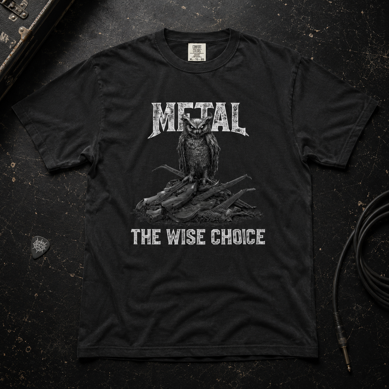 Black product mockup for Owl "Metal: The Wise Choice"