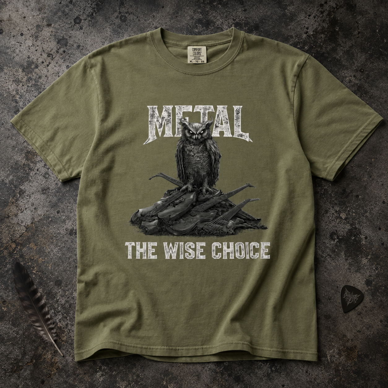 Hemp shirt mockup for Owl "Metal: The Wise Choice"