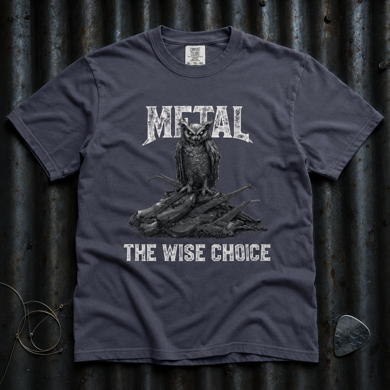 Navy shirt mockup for Owl "Metal: The Wise Choice"